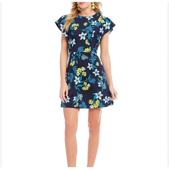 Draper James Elliston Floral Print Knit Ruffle Dress - Nassau Navy Pima cotton S - Picture 2 of 10
